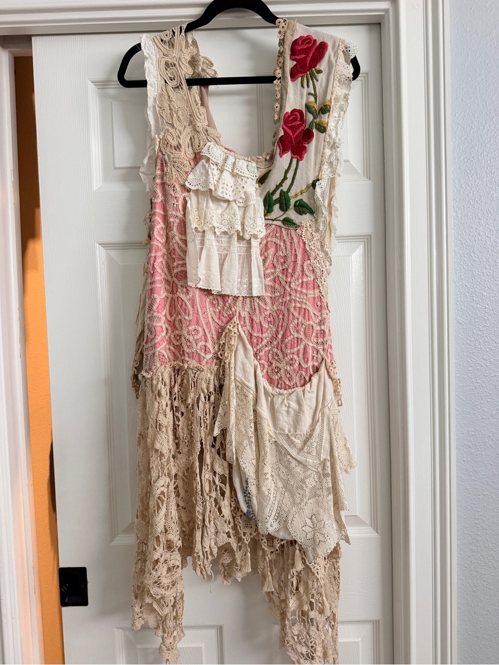 RARE!!!Bohemian Lace Patchwork Dress with Pink & Cream Floral Detail